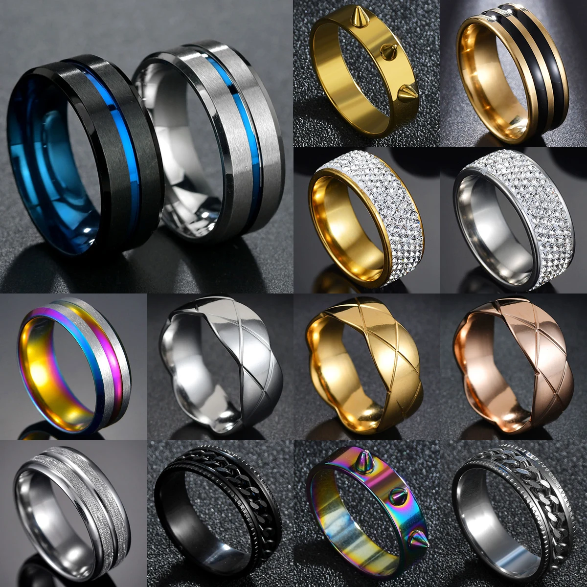 Мужские кольца из нержавеющей стали черные/синие с канавкой 6/8 мм Подарочные