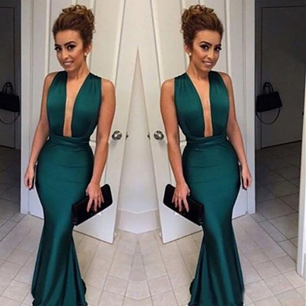 

V-Neck Evening Dress Trumpet Mermaid Illusion Elastic Satin NONE Train Sleeveless Formal Dresses Floor-Length Prom Party Gown