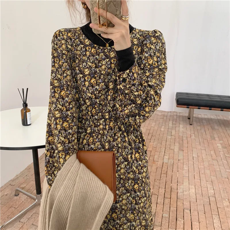

Hzirip Hot Retro Floral Versatile Mid Length Women Chic Fashion 2021 Dress New Gentle Elegant Round Neck High Waist Female Dress