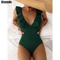 riseado ribbed one piece swimsuit ruffle women swimwear 2021 sexy v neck monokini bodysuit women lace up bathing suit beach wear
