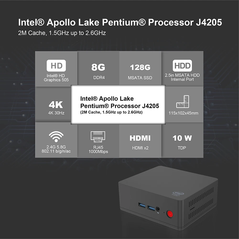 Beelink AP45 офисный мини ПК Intel Pentium J4205 2 6 ГГц 8 Гб LPDDR4 128 ГБ eMMC Windows10 4 Двойной Wi Fi LAN 1000 м 4K