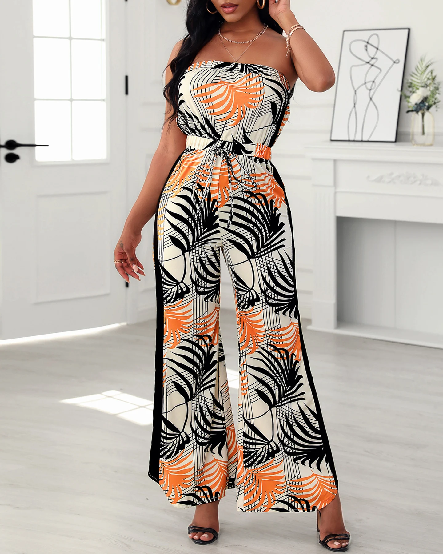 2021 Women Summer Tropical Print Bandeau Wide Leg Jumpsuit Sleeveless Loose Sexy Beachwear Casual Female Rompers