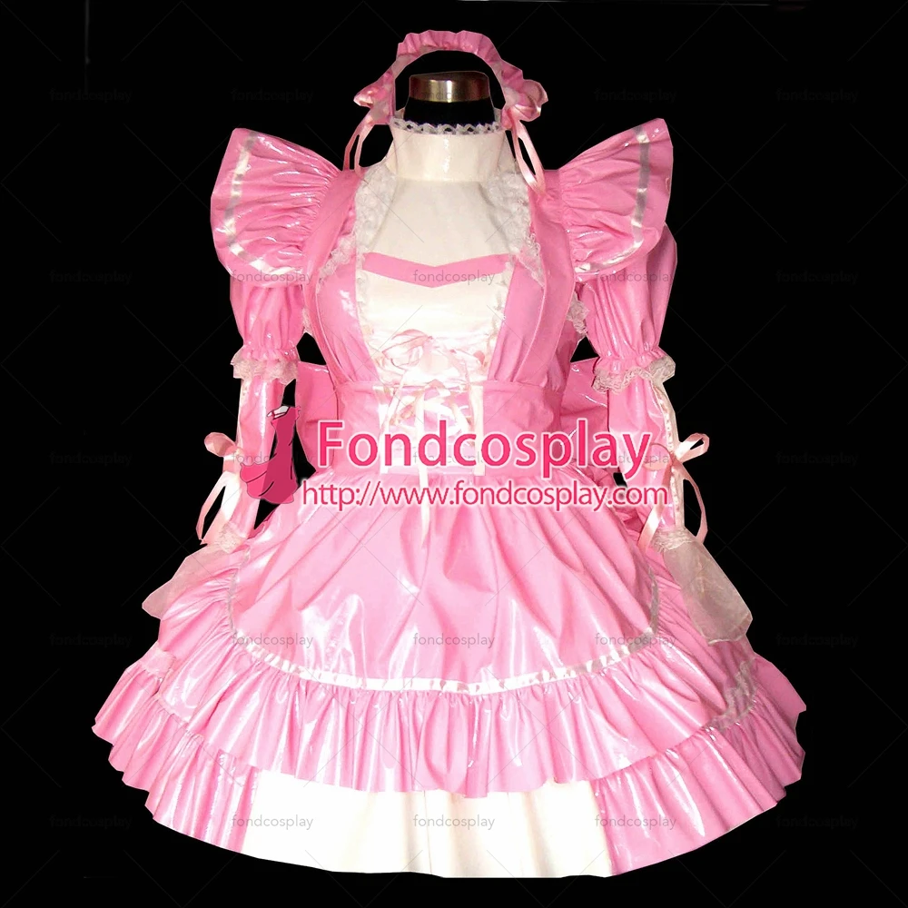 

fondcosplay adult sexy cross dressing sissy maid short thin Pink Pvc Dress Lockable Uniform apron Costume Tailor-made[G318]