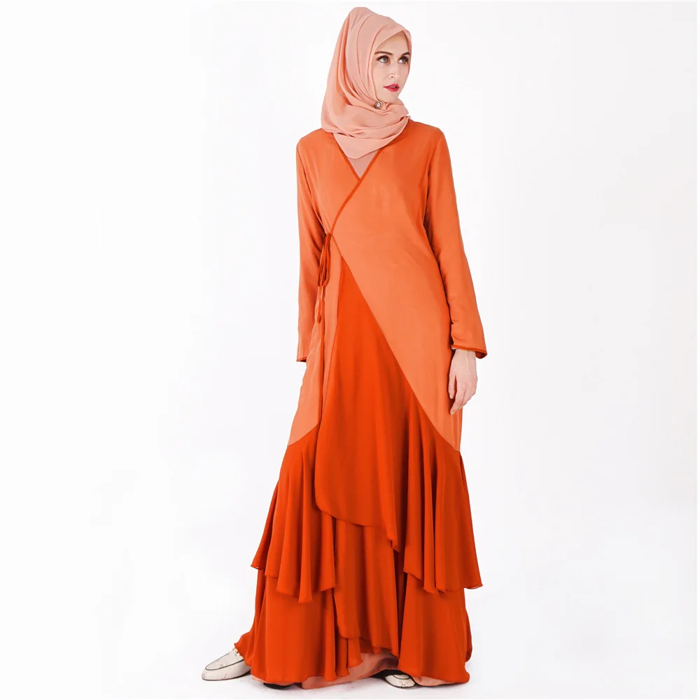 

Islam Muslim Maxi Hijab Dress Ruffles Patchwork Plus Size Abaya Dresses Women Lace-up Long Robe Tunic Middle East Islamic Kaftan