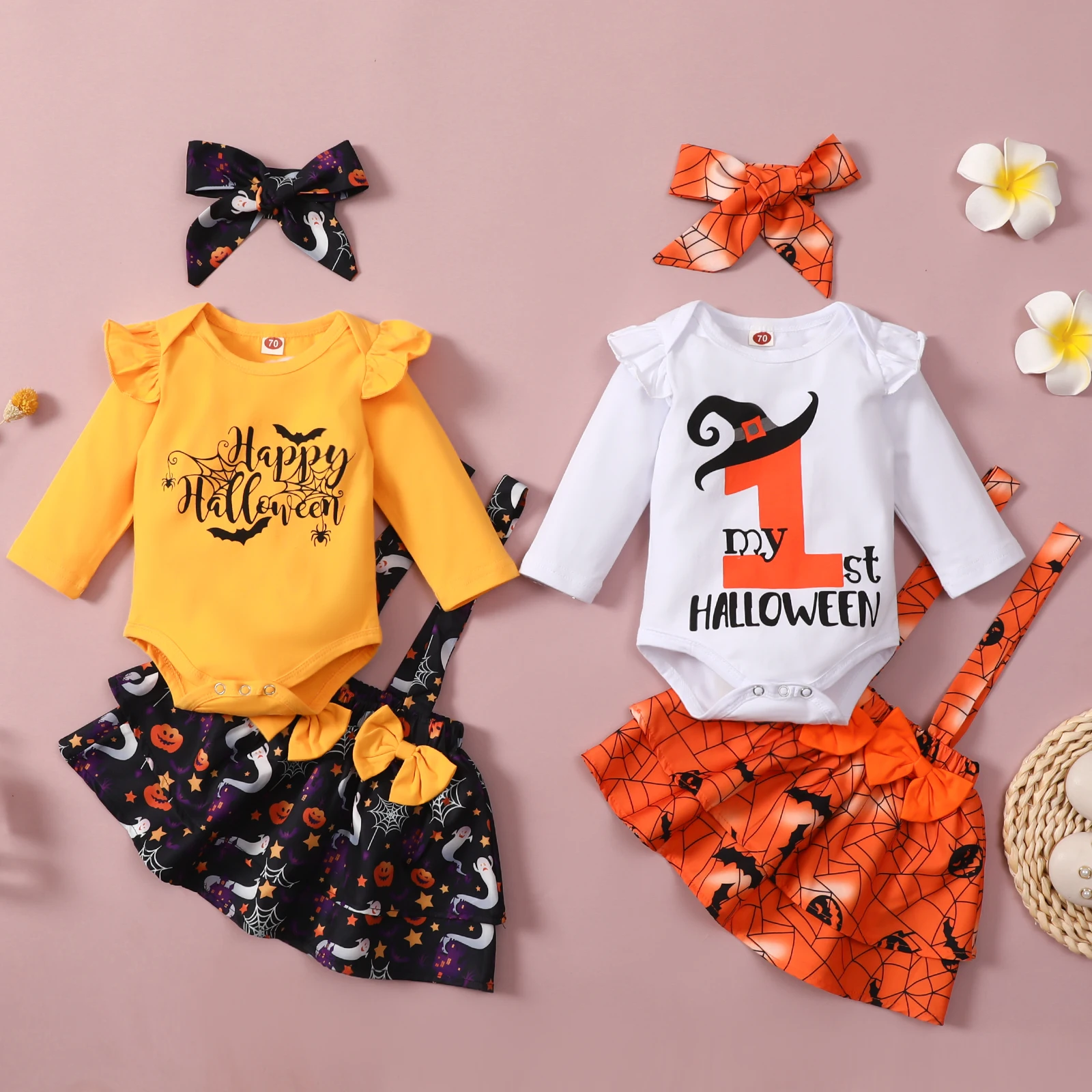 

Newborn My First Halloween Romper + Strap Skirt + Bow Hairband Spider Print Elastic Waist Festive Clothing