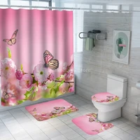 butterfly shower curtain pink flower with non slip rug mat bathroom curtains waterproof polyester bathroom curtain with hooks