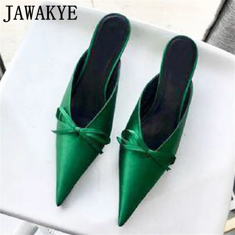 

Satin Pointy toe Bowknot Kitten Heel Mules Slippers Women Sandals Ladies Summer Sexy Slim Fashion Week Bride Party Shoes Mujer