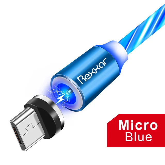Micro USB Blue Rexxar Магнитный кабель type C Micro USB светодиодный магнитный usb-кабель для зарядки для Apple IPhone X 7 8 6 Xs Max XR samsung s9 Xiaomi шнур - Цвет: Micro USB Blue