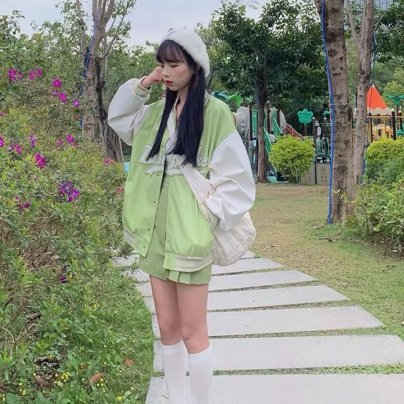 

Letter Green Baseball Jacket Women's Spring and Autumn New Loose Korean American Streetwear Top Women's Oversized Jacket