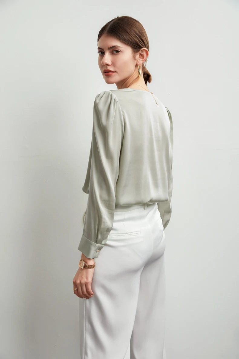 

93% Silk 7% Spandex Women's Shirt Sexy V Neck Long Sleeves Ruched Elegant Fashion Blouse Tops Camisas