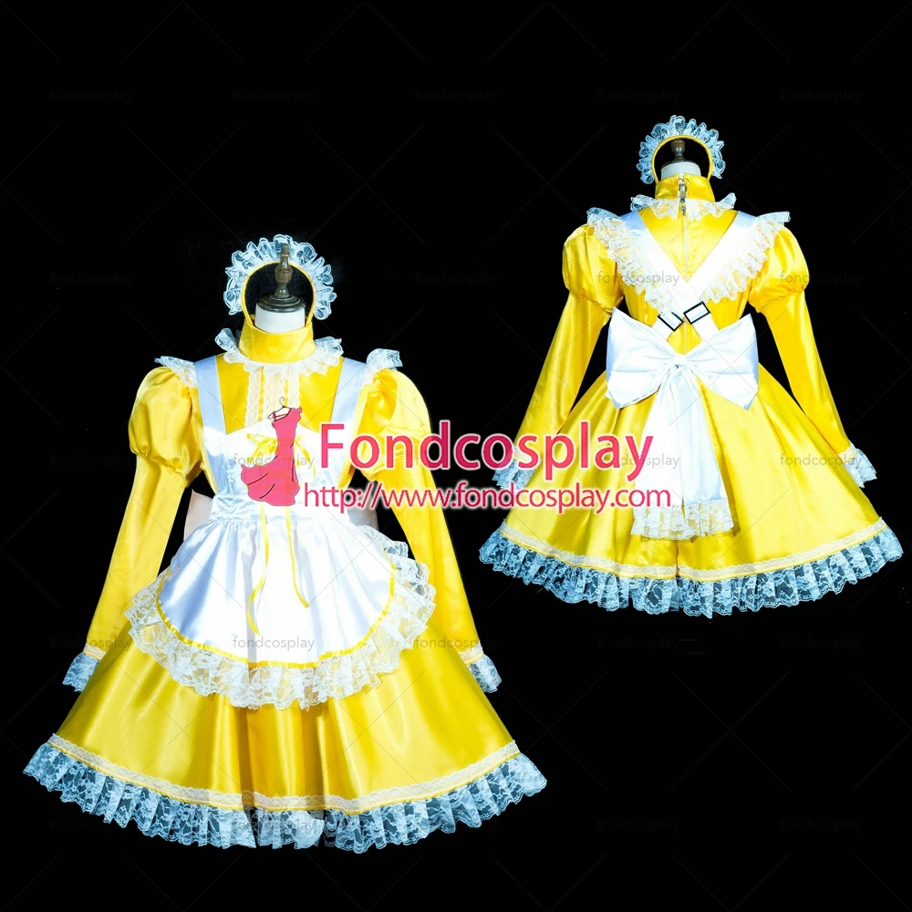 

fondcosplay adult sexy cross dressing sissy maid short lockable yellow Satin dress white apron costume Tailor-made[G3841]