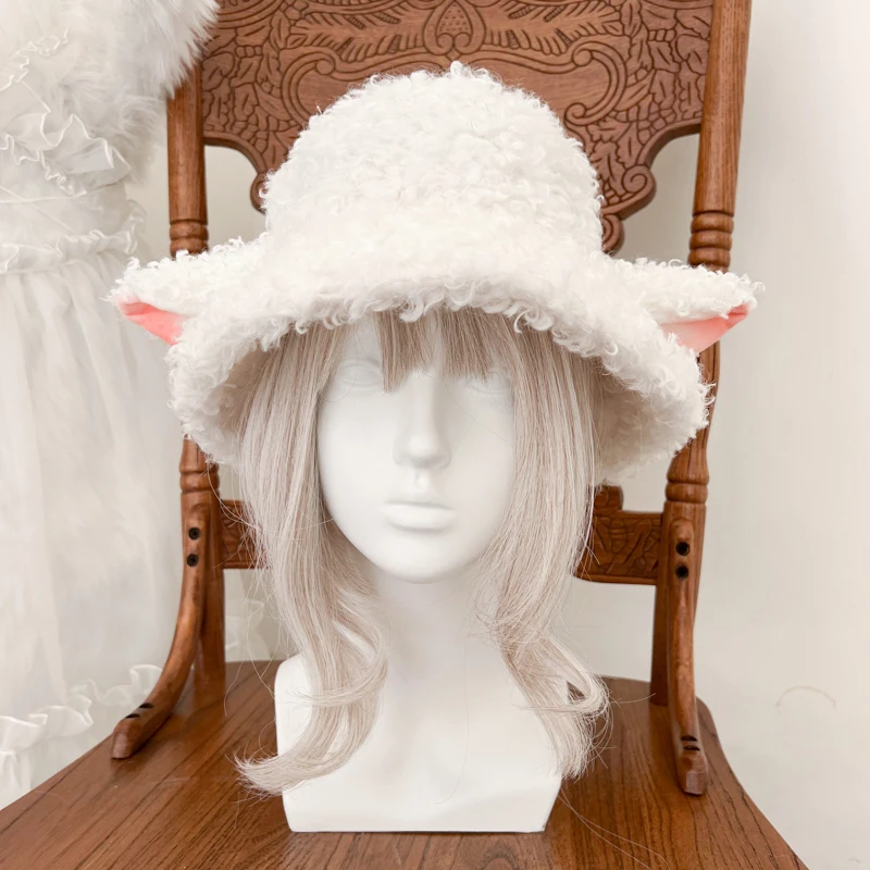 

Homemade lamb roll material sheep ear fisherman hat lovely harajuku lolita furry hats