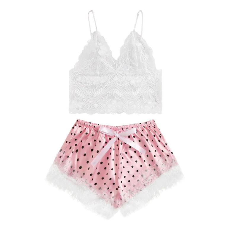 

2Pcs Sexy Women Lace Pajamas Set Lingerie Brassiere Lace Underwear Set Summer Sexy High-Waist Panties Women Cami Top and Shorts