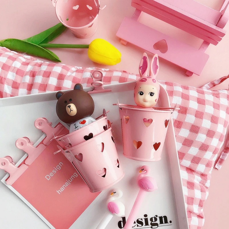 Розовый милый мини ручка контейнер форма ведра коробка для хранения рабочего