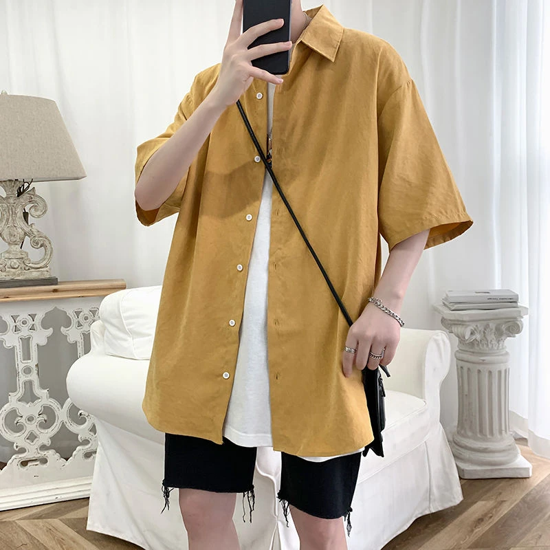 Summer Shirt Men's Fashion Dress Shirt Men Solid Color Business Casual Shirt Mens Streetwear Wild Loose Short Sleeve Shirt M-5XL