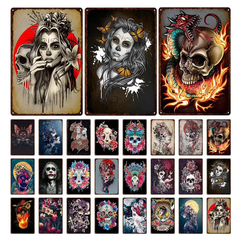 

Skeleton Skull Tin Signs Mexican Festival Day of The Dead Plaque Wall Art Metal Painting Party Shop Home Tattoo Parlors Plate