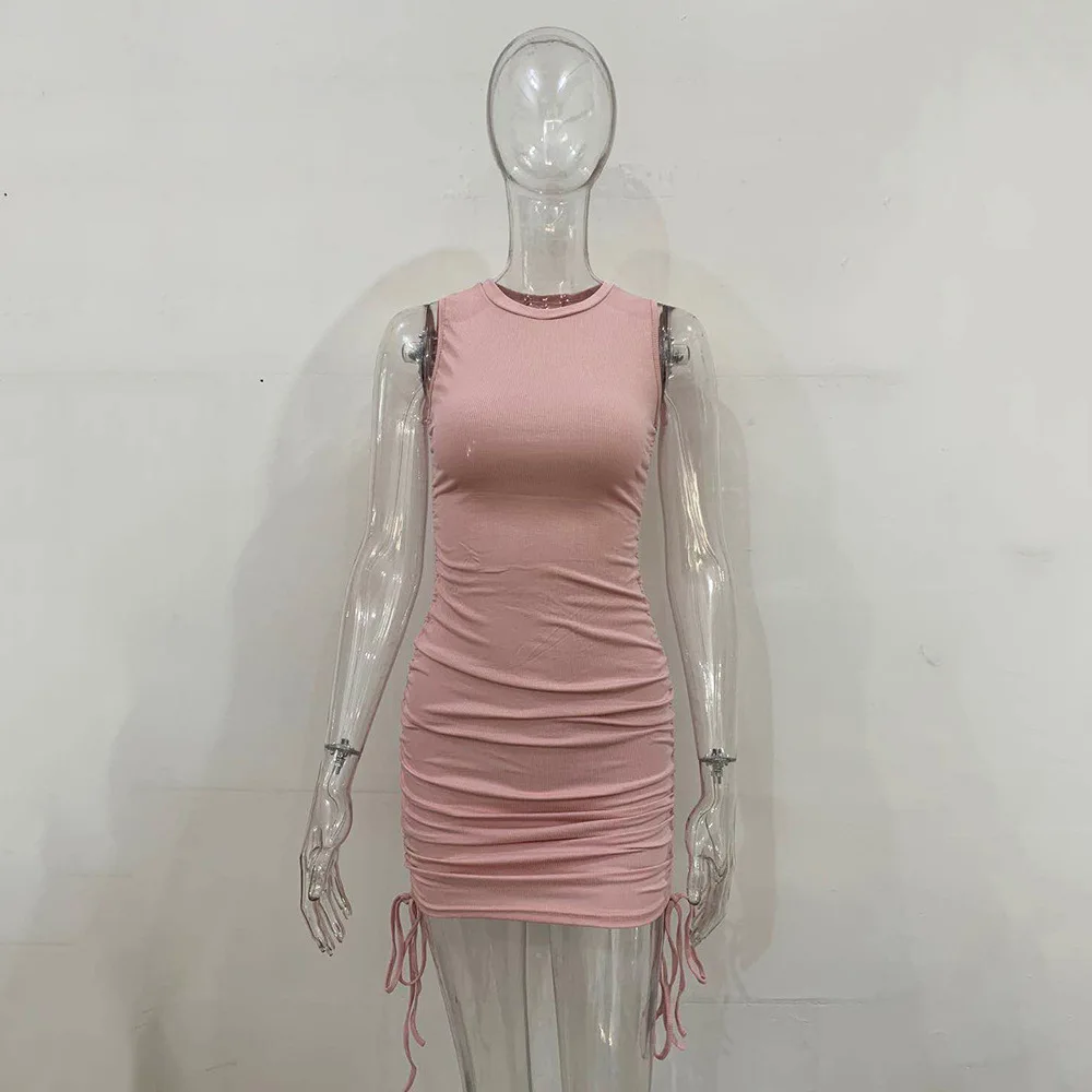 

2021 Cotton Ruched Drawstring Sexy Party Dress Women Sleeveless Elastic Mini Vest Dress Vintage Summer Bodycon Club Wear Vestido