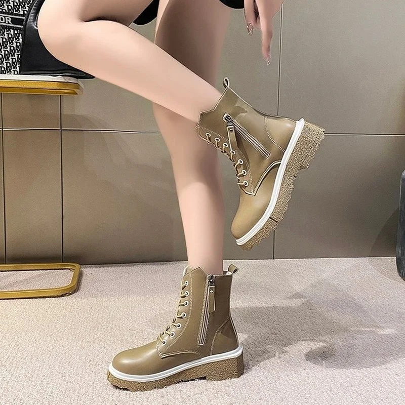 

New Comfortable Winter Warm Women's Ankle Boots Thick-soled Round Toe Side Zipper Fashion All-match Lace-up Women's Shoes