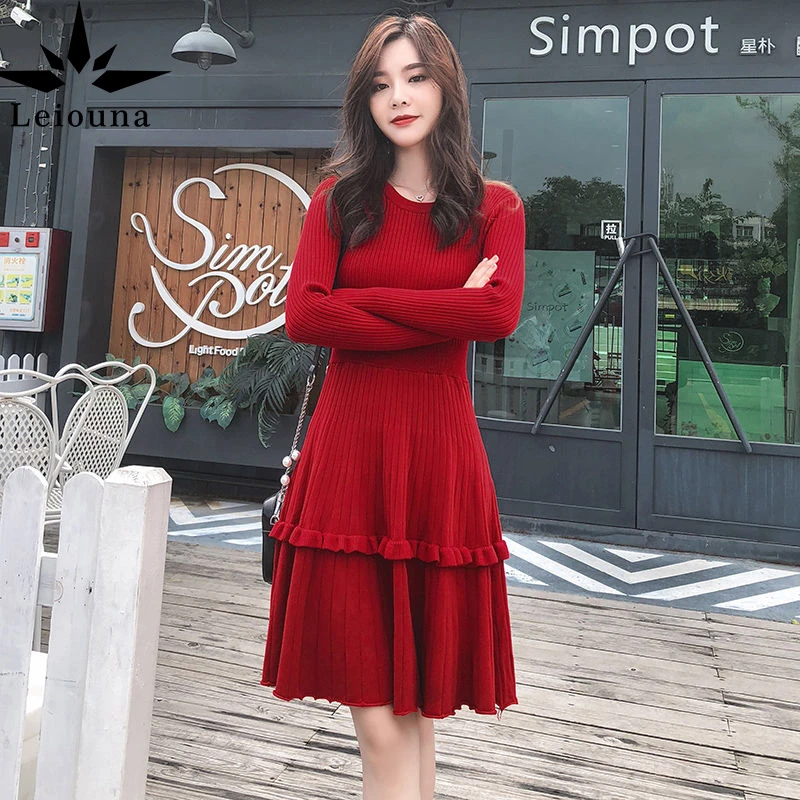 

Leiouna Long Sleeve O-neck A-line Slim Fashion Sweater Dress Women Autumn Winter Ruffles Female Jumper Female Knitted Dress