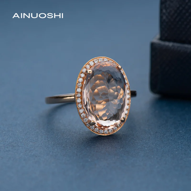 

AINUOSHI Morganite Rings for Women 18K Rose Gold Halo Oval 5.619ct Gemstone with 0.145ct Natural White Diamond Engagement Ring