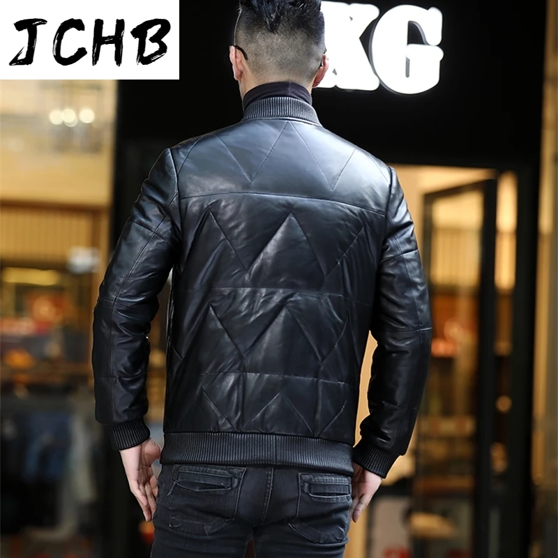 

Men's JCHB Genuine Sheepskin Leather Jacket Men Down Jackets Fashion Motorcycle Coat Winter Clothes Mens Ropa Hombre LXR876