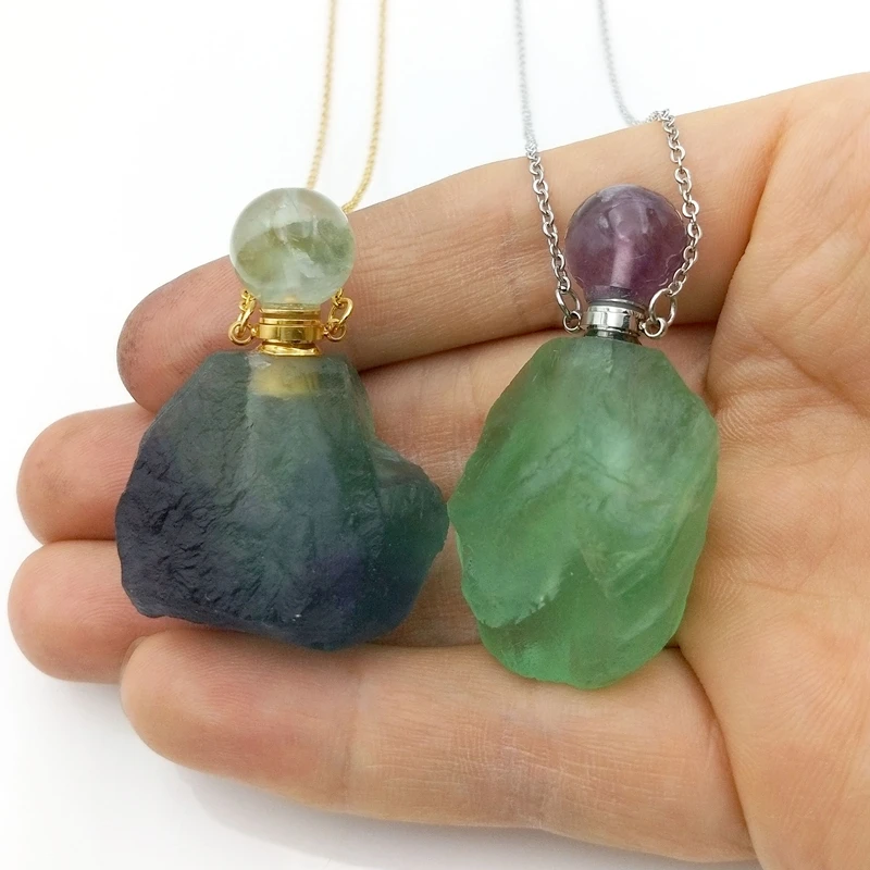 

Natural Rough Green Fluorite Stones Perfume Bottle Pendant Necklace Essential Oil Bottle,freeform shape vials for girls gift