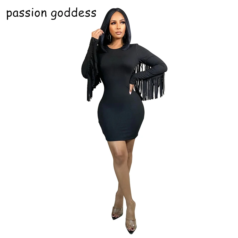 

Spring Autumn 2021 Women Solid Casual Bodycon Pencil Dress O Neck Long Sleeve Tassel Elegant Slim Mini Short Sexy Dress White