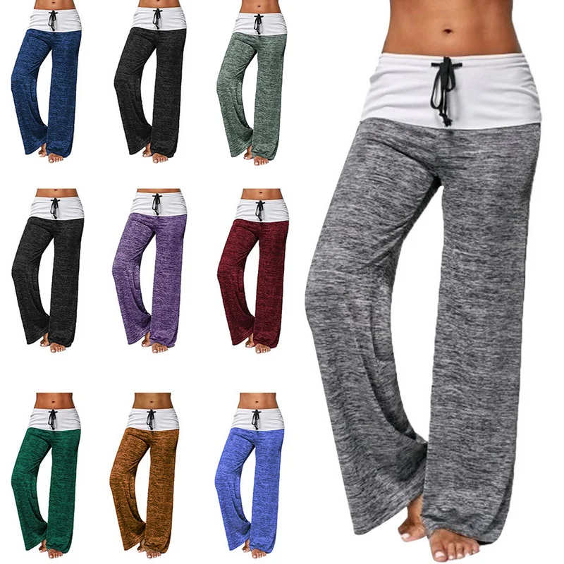 

2021 Loose Leggings Women Wide Leg Pants Lace Up Fitness Plus Size Trousers High Waist Female Patchwork Boot Cut Pants