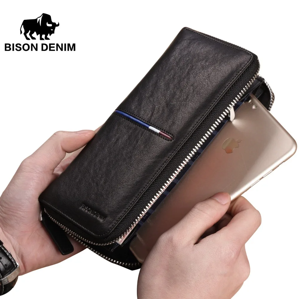 BISON DEINIM luxury brand men wallets genuine leather long zipper clutch wallet male card holder phone purse