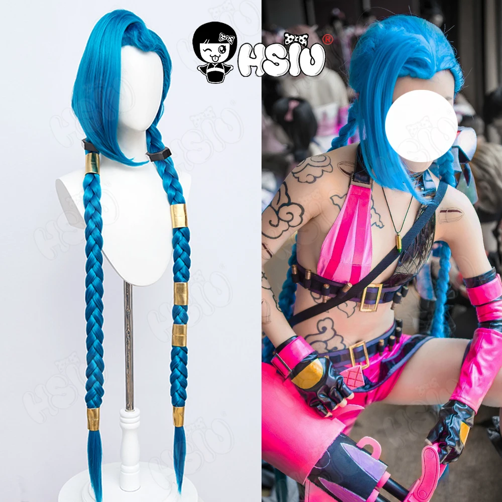 

Jinx Cosplay Wig LOL Cosplay Wig HSIU 120cm lake blue double braid long hair+Free wig Cap Girls Cosplay Party LOL Wig