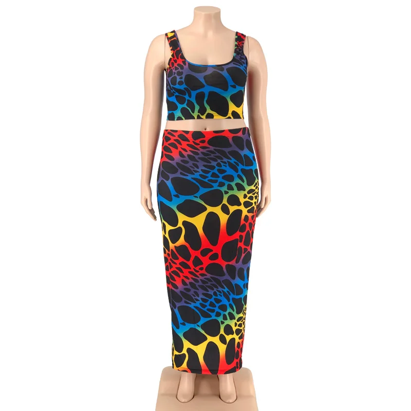 

Women Printing Skinny Sheath Fashion Suit plus Size Women's Two Piece Set Colorful Printing Dress Sexy