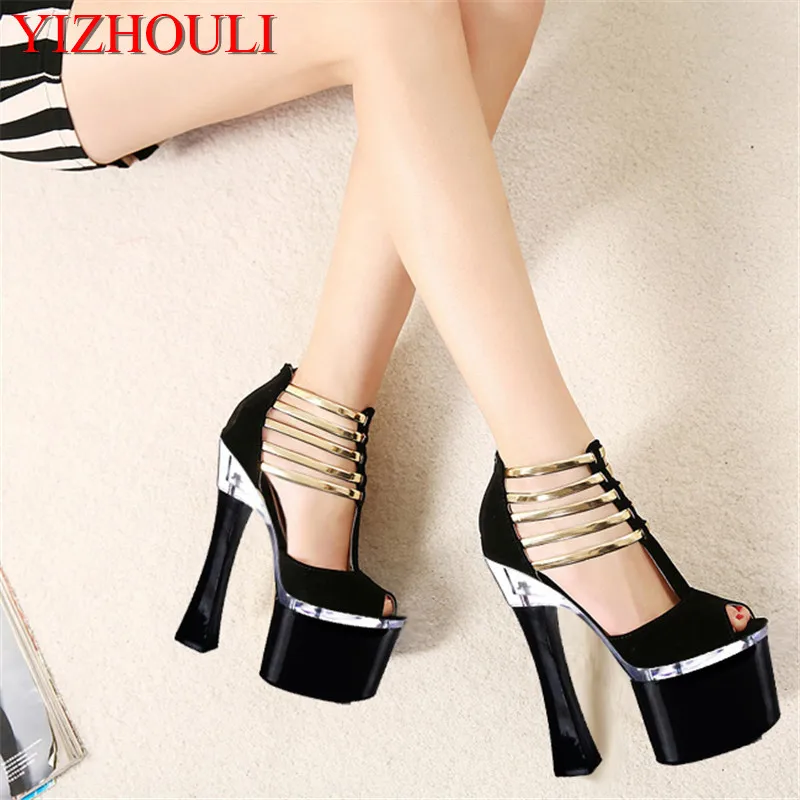 cool lace sexy high-heeled shoes tassel platform open toe thick heel sandals female 18cm Dance Shoes