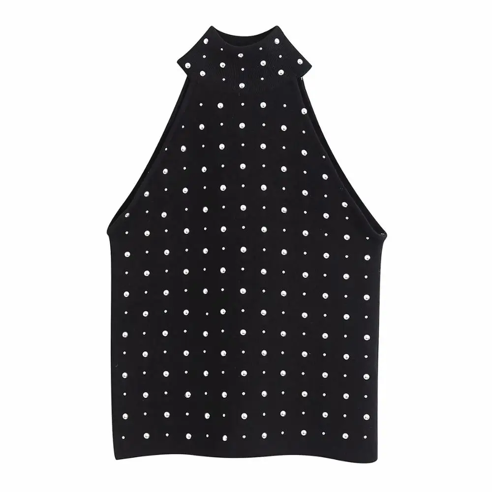 Женский трикотажный свитер ZA черный свободный без рукавов с металлическими