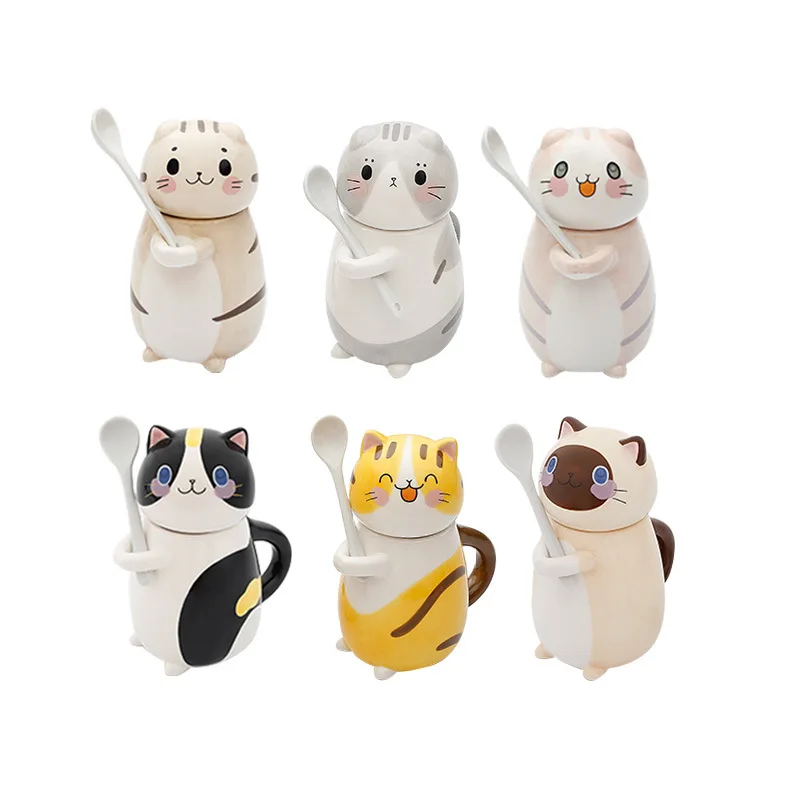 

New Cute Cat Ceramics Coffee Mug With Spoon Creative Hand Painted Drinkware Milk Tea Cups Novelty Gifts
