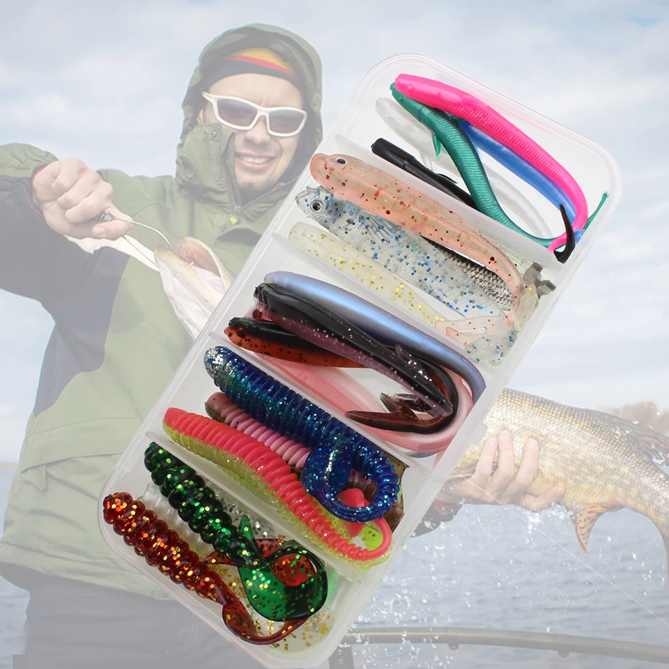 

25pcs/Box small soft bait sea fishing tackle fishing lure silicone bait soft Transparent fish Set and Tackle Box Stick Lures