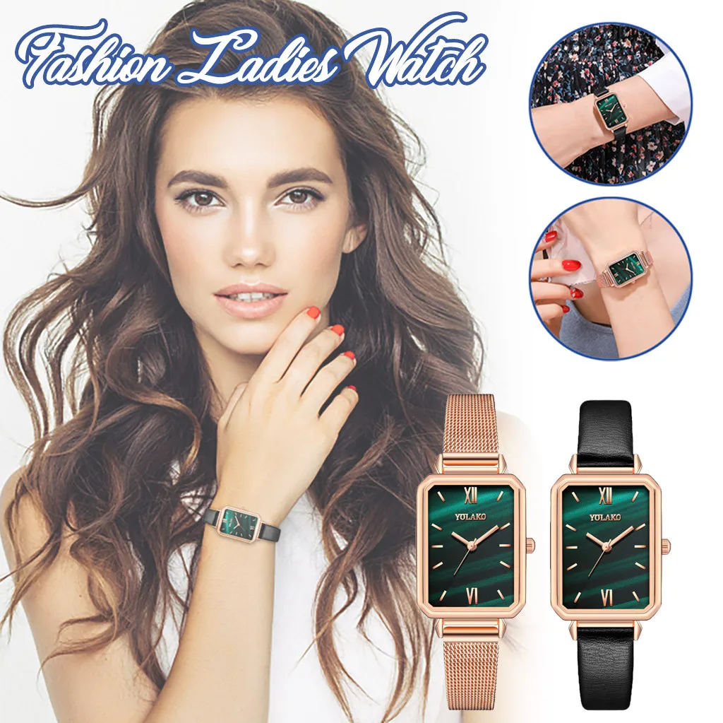 

Creative Rectangular Watch Women Pattern Small Green Watch Steel Band Analog Quartz Watch Retro Square Wristwatch Reloj Mujer A8