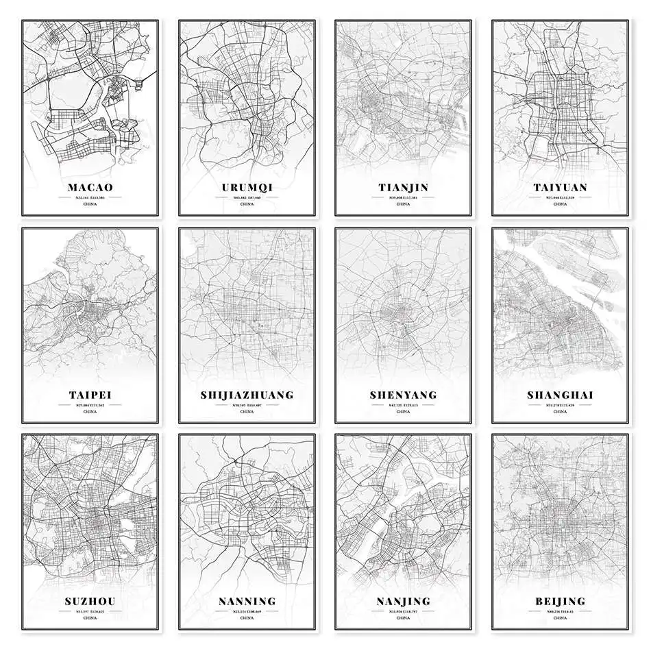 Китай Гонконг Шанхай Тайбэй Пекин Ухань карты картины на холсте винтажные крафт