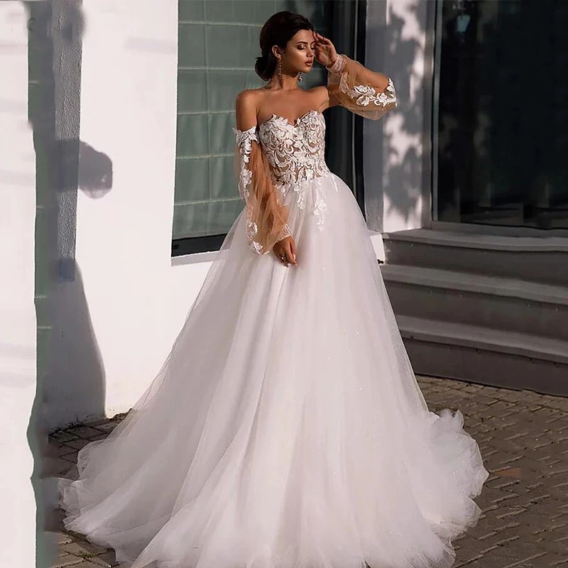 

Verngo 2021 New Design Lace Applique Sweetheart Wedding Dress With Deatchable Puff Long Sleeves Sweep Train Lace Up Bridal Gown