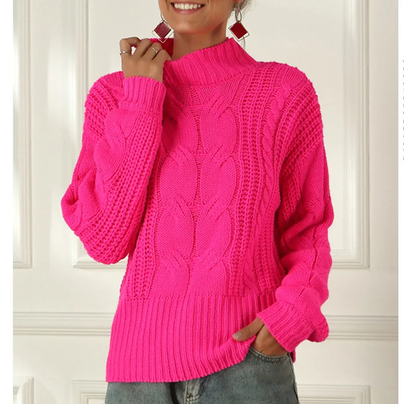 Неоновый свитер Женский вязаный цвета фуксии розовый однотонная водолазка с