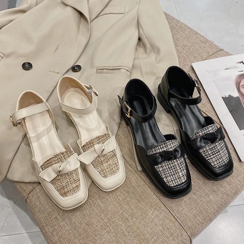 

Spring Shoes Female Sandal 2021 Summer Clear Heels Med All-Match Buckle Strap Girls Comfort Block Beige Fashion Medium Closed
