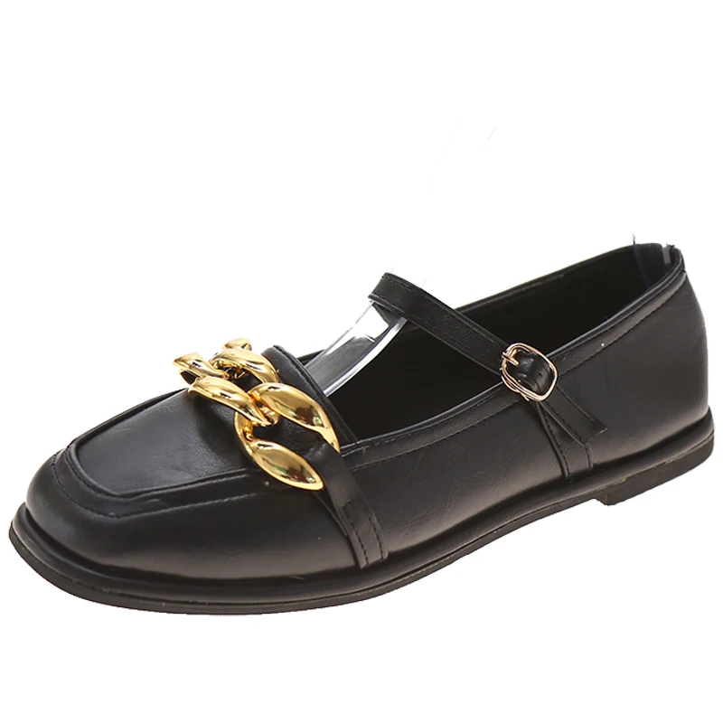 

British Style Leather Shoes Mary Jane Retro Spring 2021New Uniform Single Shoes Woman Square Toe Chain Flats Shoes Loafers Daily