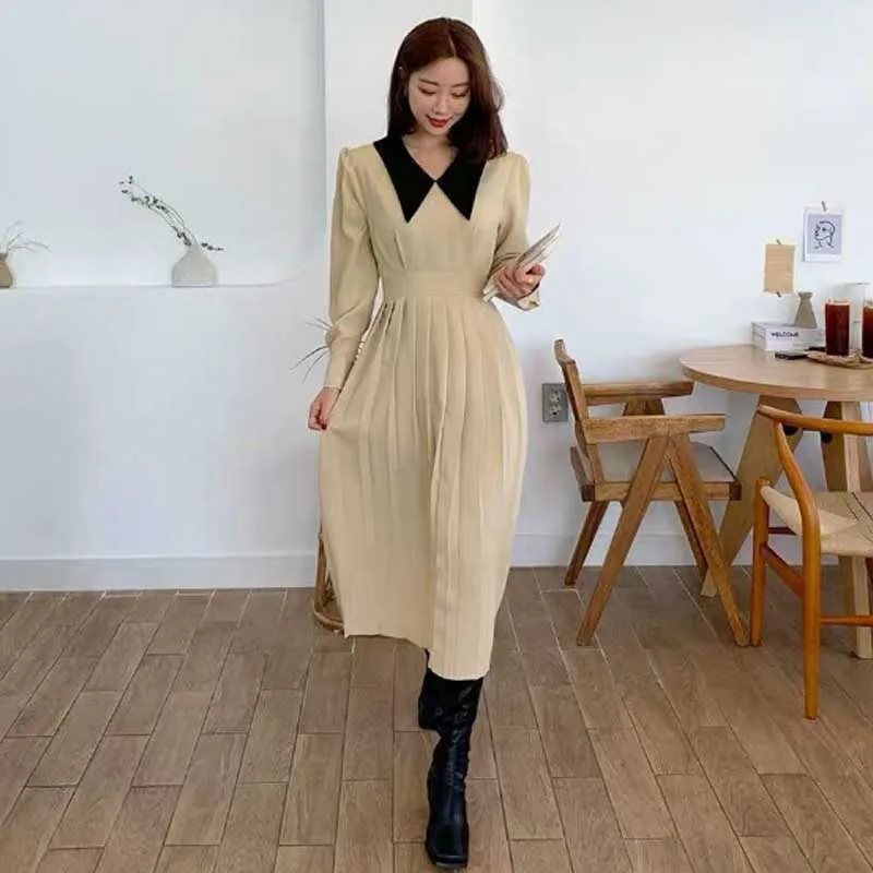 

One-Piece Woman Pleated Elegant Dresses Korean Slim Vintage French Party Dress Spring Autumn 2021 Women Fashion Dress Long Dress