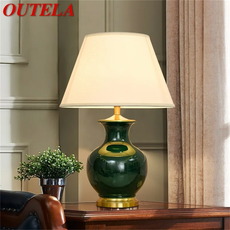 

OUTELA Ceramic Table Lamps Green Luxury Brass Desk Light Fabric for Home Living Room Dining Room Bedroom Office