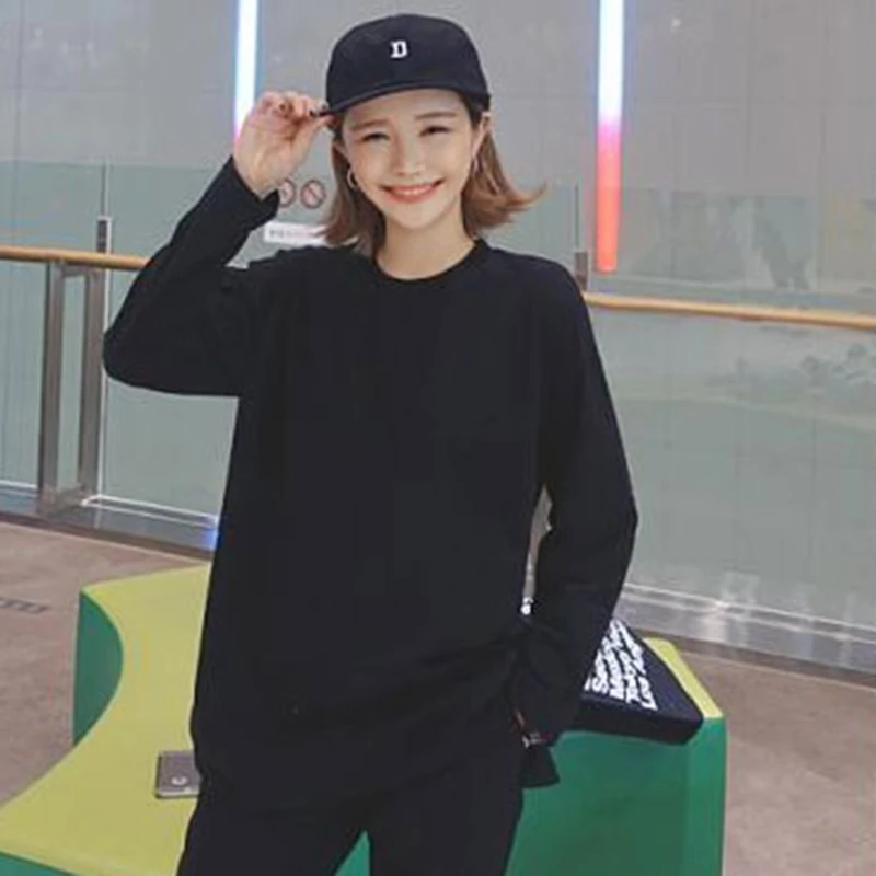 Женская свободная футболка с длинным рукавом повседневная Однотонная круглым