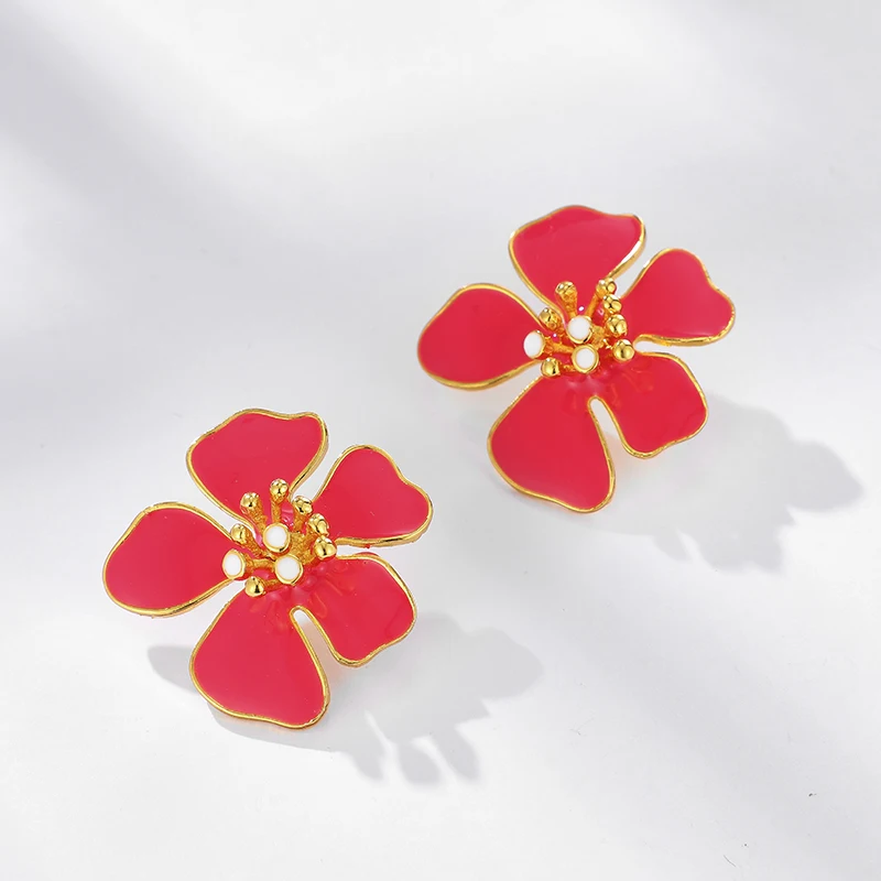 Tocona Charming Pretty Red Flowers Stud Earrings for Women Gilrs Gold Alloy Metal Party Jewelry Wholesale 14336 | Украшения и