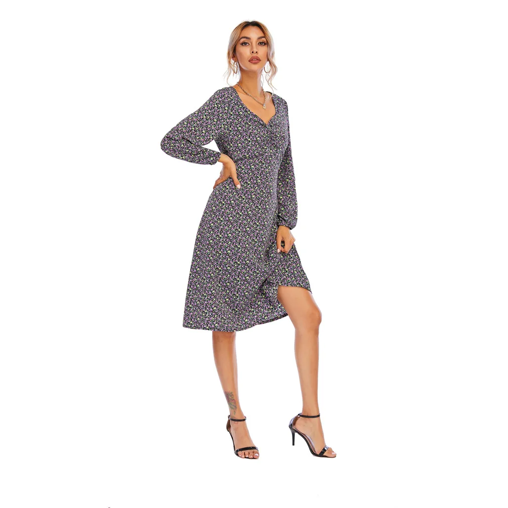 

Floral Dress Women Midi 2021 Spring Long Sleeve Print Casual Clothing Empire Waist A Line Dresses Chic Roupas Femininas Elegant