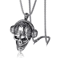 european and american retro temperament fashion stainless steel skull headset domineering pendant necklace
