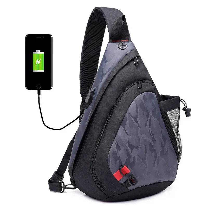 

USB Charging Earphone Hole Male Waist Packs Sling Bag Crossbody Outdoor Sport Shoulder Chest Bags Messenger Fanny Pack Rucksack