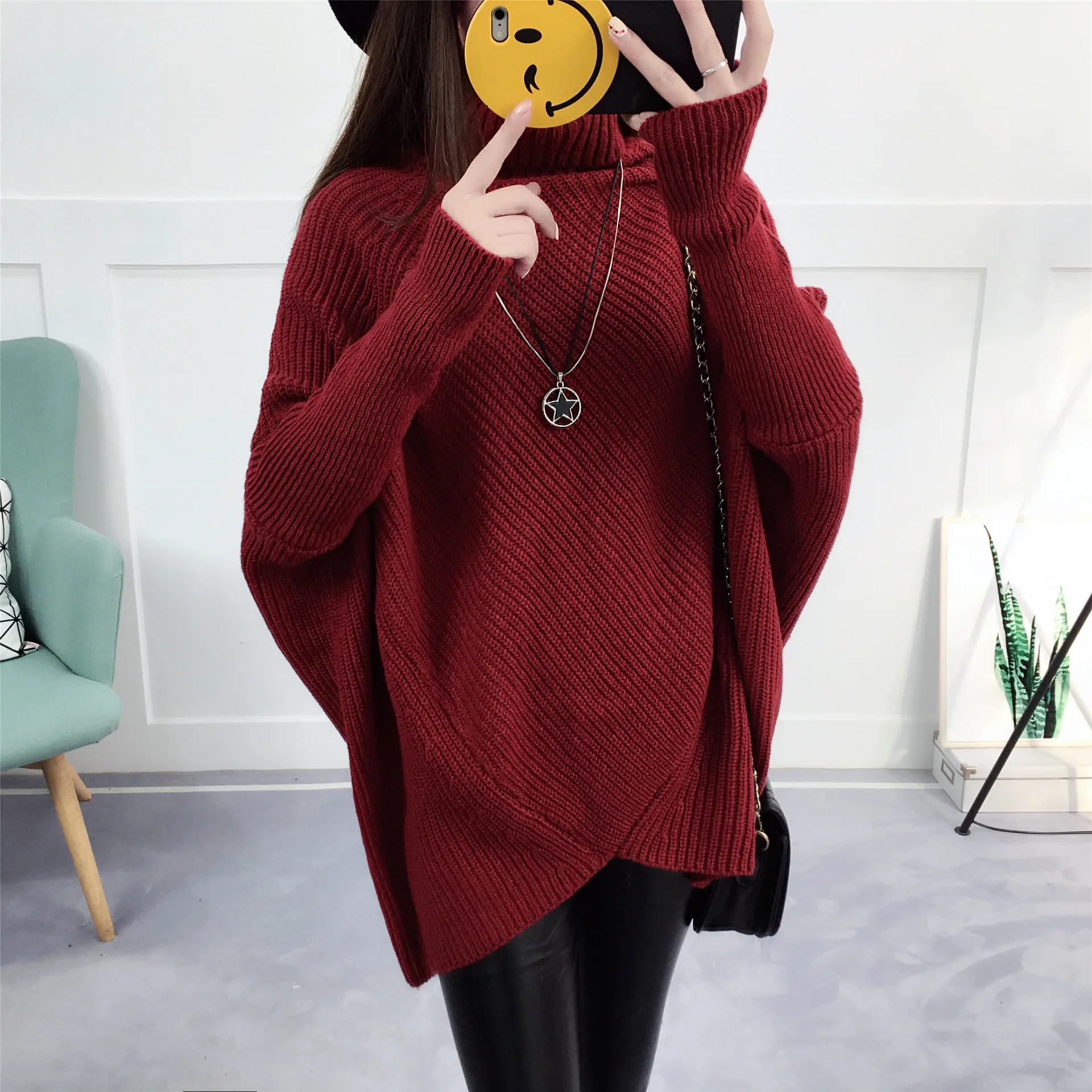 LOOSE SWEATER WOMEN CASUAL 2021 TURTLENECK SOLID COLOR BAT SLEEVE AUTUMN AND WINTER THICK HOT WOMENS SWEATERS VESTIDOS LXJ643 | Женская