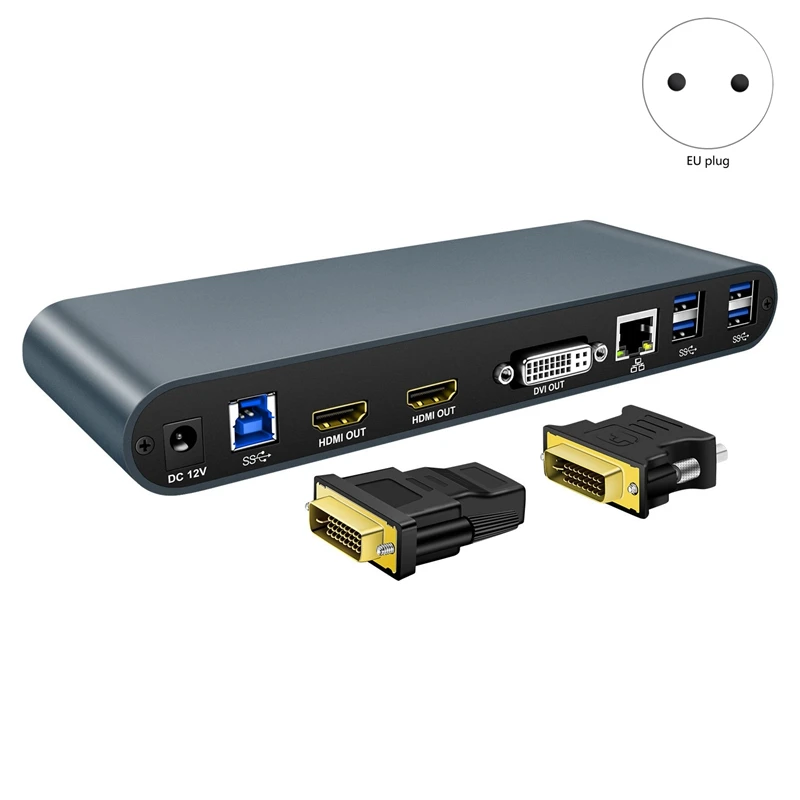 

USB Docking Station 2 HDMI+DVI+RJ45+MIC Multifunctional HUB12 in 1 Docking Station